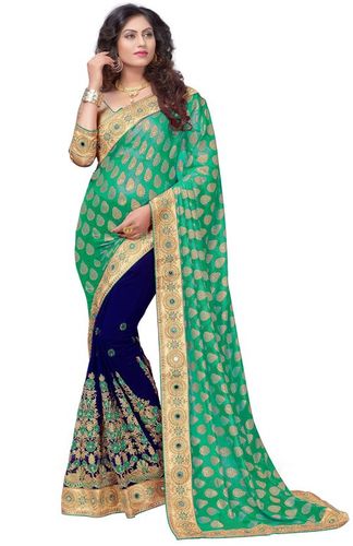 Green Brasso & Georgette Mirror Embroidery Work Saree