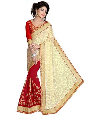 Brasso & Chiffon Heavy Embroidery Stone Work Saree - 5.50 Meters Length, Unstitched Dupion Silk Blouse, Red & Beige Color, Traditional Festive Wear