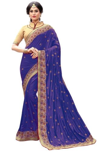 Blue Silk Floral Design Embroidery Stone Work Saree