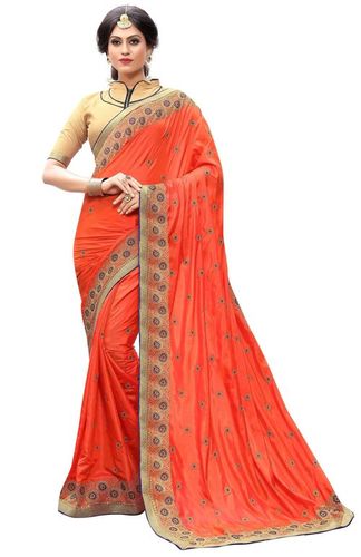 Silk Saree - 5.50 Meters Length, Blue Floral Embroidery with Stone Work, Unstitched Blouse Piece