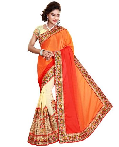 Satin & Georgette Heavy Embroidery Stone Work Saree - 5.50 Meters Length, Unstitched Blouse Piece Included, Georgette Blouse, Ideal for Festive, Party & Wedding Occasions