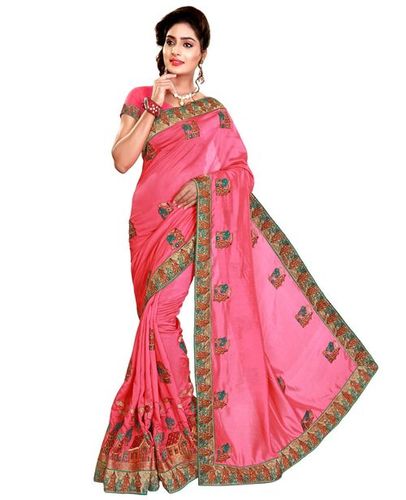 Satin Heavy Embroidery Stone Work Saree - 5.50 Mtr Length, Pink Color | Unstitched Blouse Piece for Traditional Festive Wear
