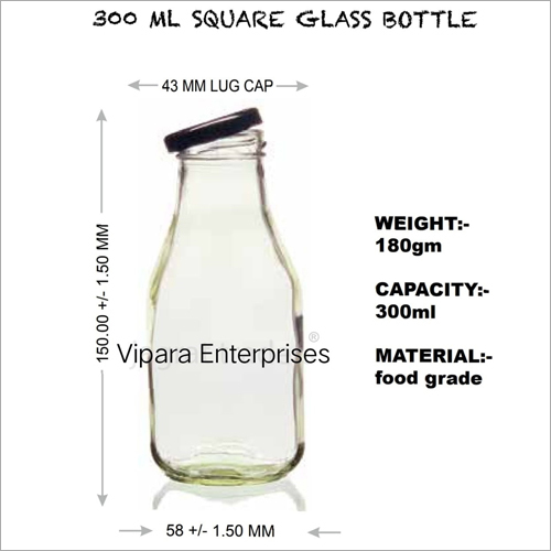 300 ML Square Glass Bottle - Glass, 150x56 mm, Transparent Color, Smooth Surface, 300 ml Volume, 43 mm Thickness, Hollow Structure | High Client Satisfaction, Timely Delivery