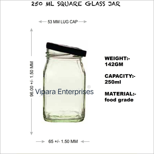 250 ML Square Glass Jar - Glass, 96x65 mm, Transparent, Smooth Surface, Hollow Structure, 43 mm Thickness, 142 g Weight | Ideal for Storage