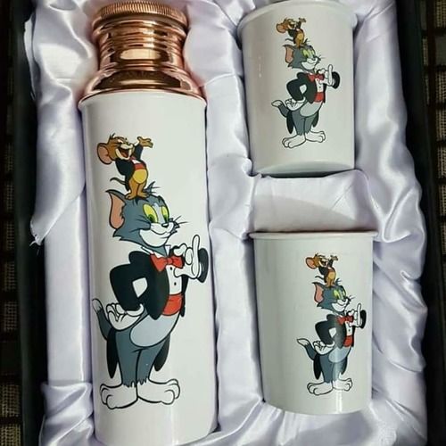 Round Tom & Jerry Cartoon Meena Printed Copper Bottles And Glass Set