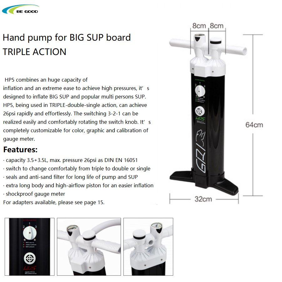 HP5 Double tube high pressures air pump inflator pump TRIPLE-double-single action pump inflate BIG SUP and popular multi