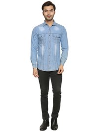 Mens Denim Shirts - Denim, Plus Size (l, M, Xl, Xxl), Sky Blue, Full Sleeves, Plaid Pattern | Anti-wrinkle, Breathable, Quick Dry, Washable