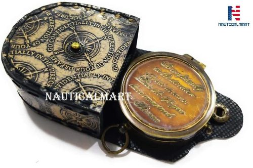 Antique Thoreau'S Go Confidently Quote Compass With Engraved Leather Case With Stamp