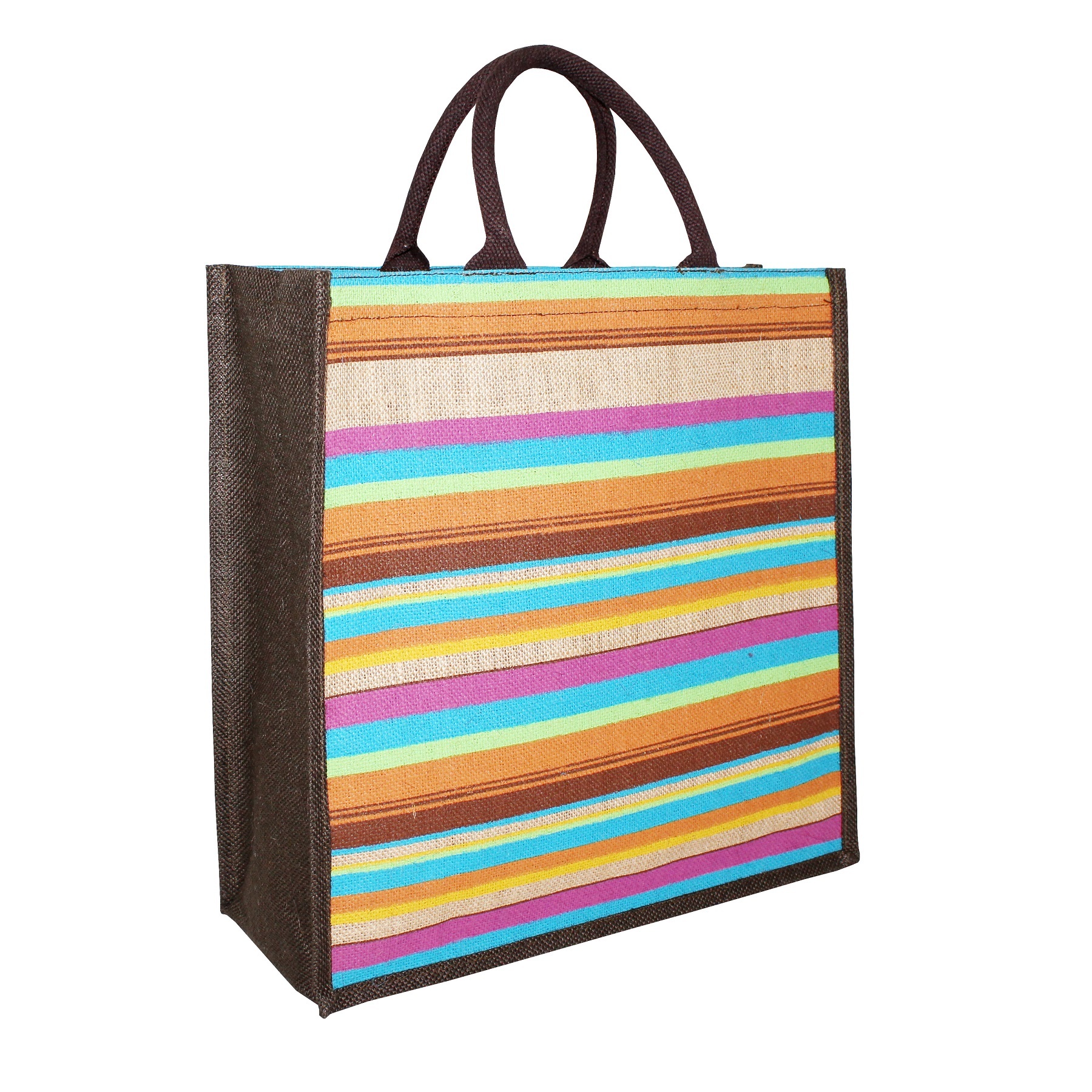 Padded Rope Handle PP Laminated Allover Striped Print Natural Color Jute Tote Bag