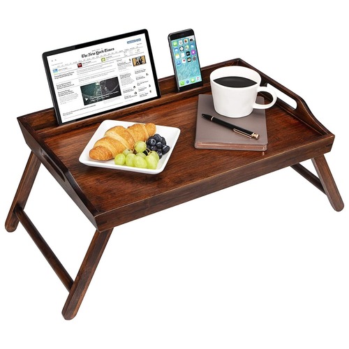 Wooden Handicraft Breakfast Table Natural Wood Finish With Tablet And Phone Holder