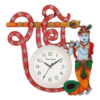Wall Clock Multicolors - Wooden, 16x12x3 Inches | Durable, Easy To Clean, Lightweight, Washable, Elegant Design, Indian Religious Theme