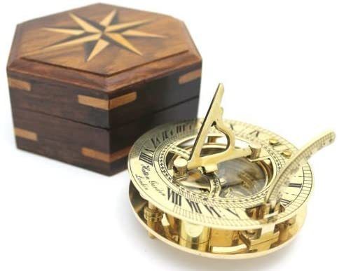 Nautical Solid Brass Round Sundial Compass With Design Rosewood Box, Brass