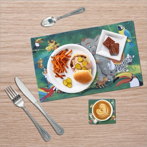 Washable Multicolor Animal Print Table Mat With Coaster