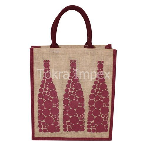 Natural / Maroon Jute 3 Bottle Bag