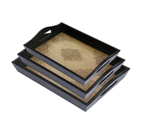 Wooden Handicraft Serving Tray Set Of 3 In Black Finish With Brass Fitting By VIVAAN ART & CRAFT
