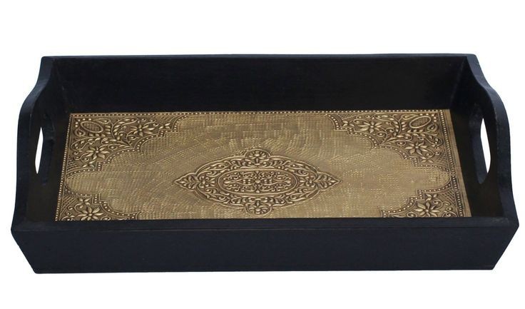 Wooden Handicraft Serving Tray Set Of 3 In Black Finish With Brass Fitting