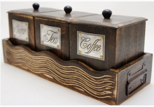 Wooden Handicraft Kitchen Caddy Storage Box Set