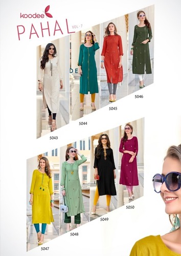 Pahal Vol-7 Rayon Liva Kurti Catalog - Premium Quality Rayon, Size XXL(44), 3XL(46), Hand Work Design , Formal Wear for Ladies, Washable Fabric