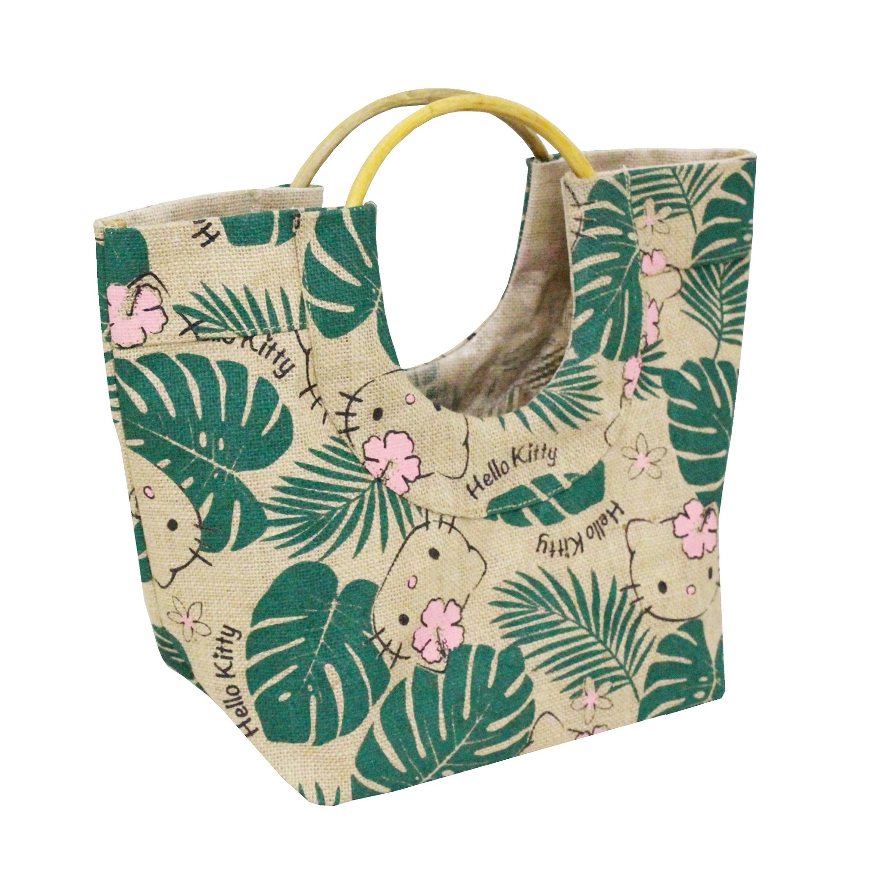 PP Laminated Jute Beach Bag With Round Wooden Cane Handle