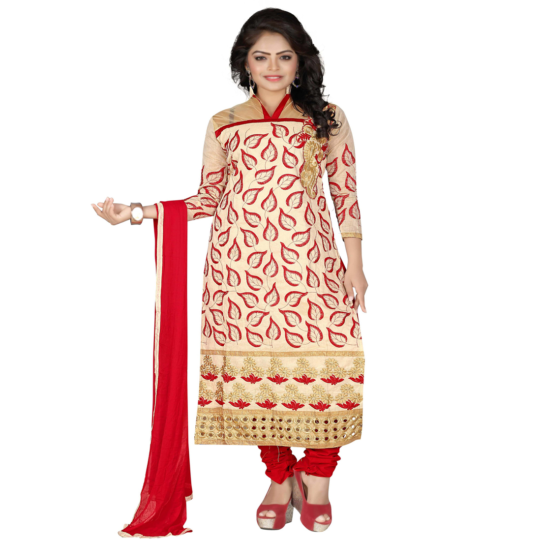 Jheenu Women's Chanderi Embroidered Unstitched Dress Materials