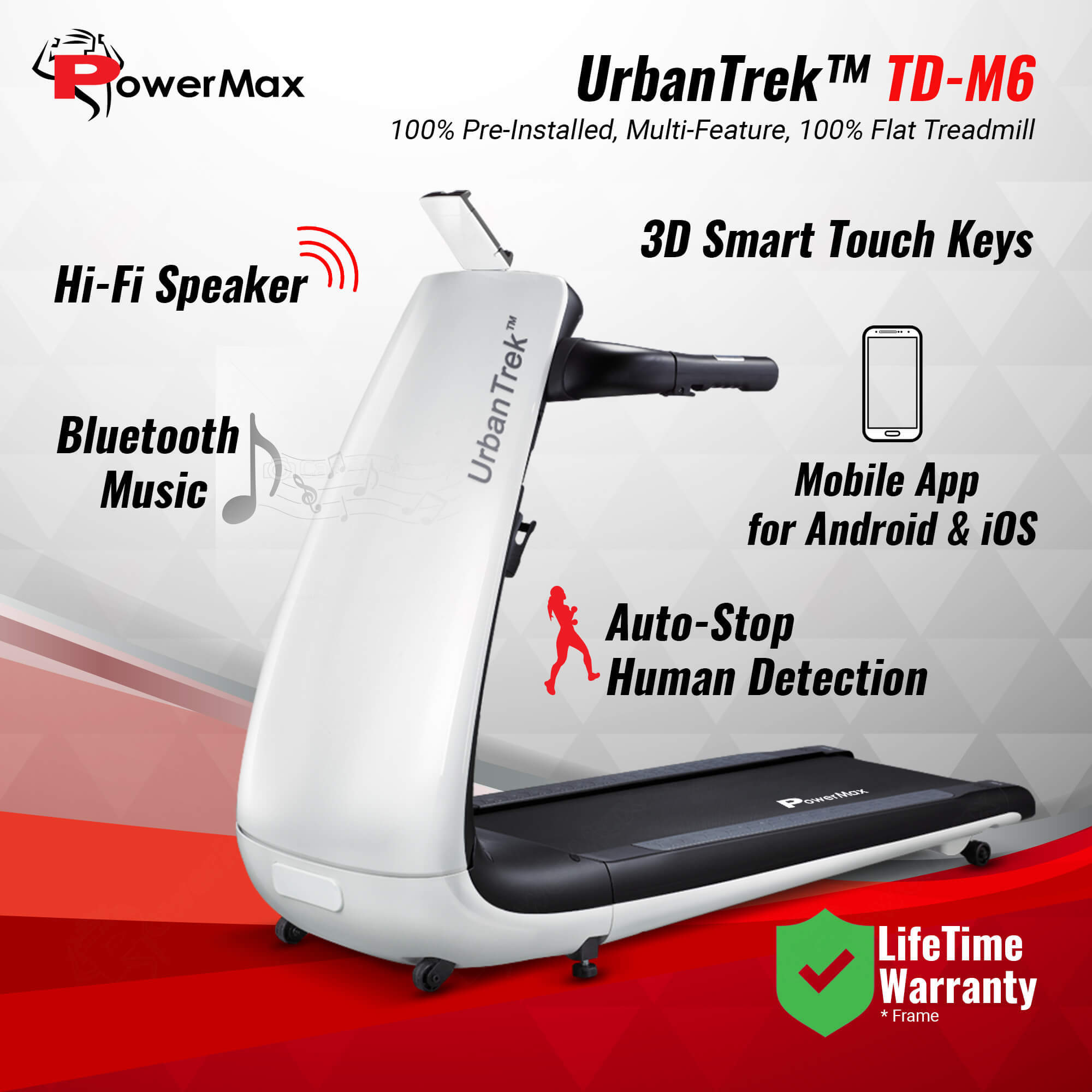 UrbanTrek TD-M6 100% Pre-Installed, Multi-Feature, 100% Flat Treadmill