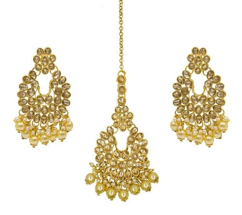 Traditional Jewellery Gold Plated Kundan & Pearl Maang Tikka Earring Set for Women Girls