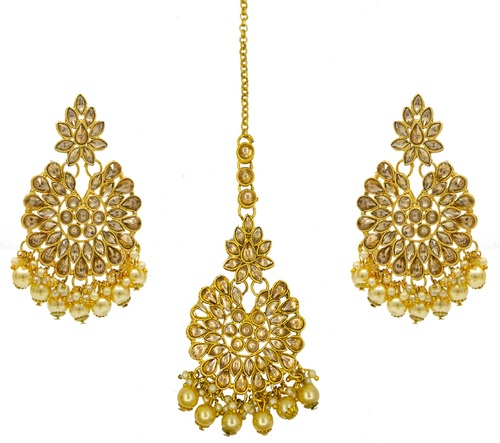 Gold Plated Kundan & Pearl Maang Tikka Earring Set for Women Girls