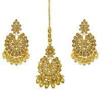 Gold Plated Kundan & Pearl Maang Tikka Earring Set for Women Girls
