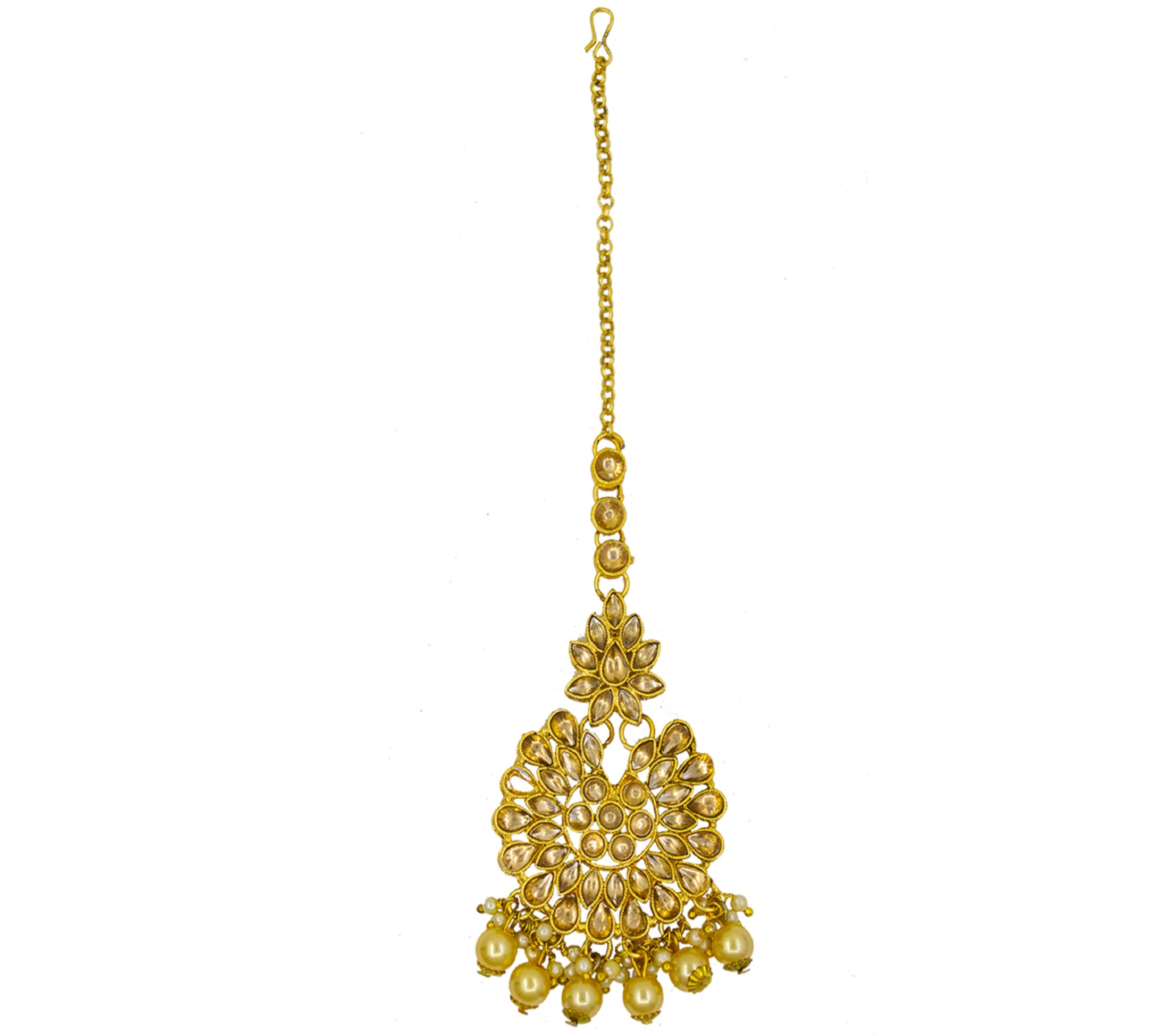 Gold Plated Kundan & Pearl Maang Tikka Earring Set for Women Girls