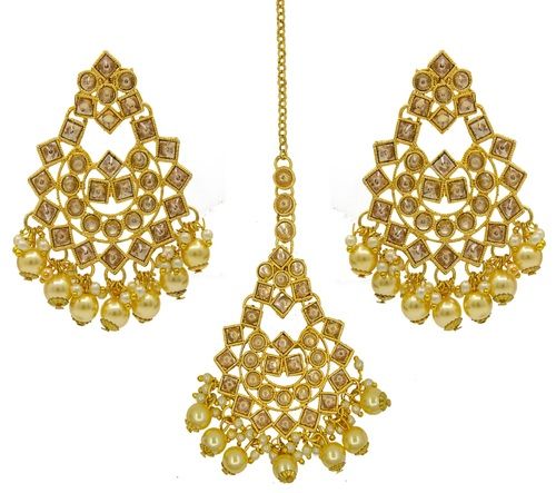 Traditional Jewellery Gold Plated Kundan & Pearl Maang Tikka Earring Set for Women Girls