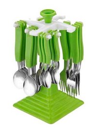 Plastic Cutlery Set - 24 Pieces, Green Plastic Spoons, Forks, Knives With Square Base Stand