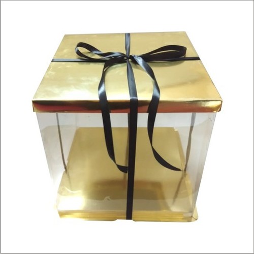 Transparent Cake Box - PVC Material, Sizes 8x8x8, 10x10x10, 12x12x12 inches | Glossy Lamination Finish, Square Shape, Golden Color
