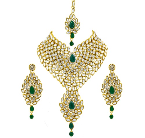 Attractive New Design Gold Plated Necklace Set For Women (Green and White)