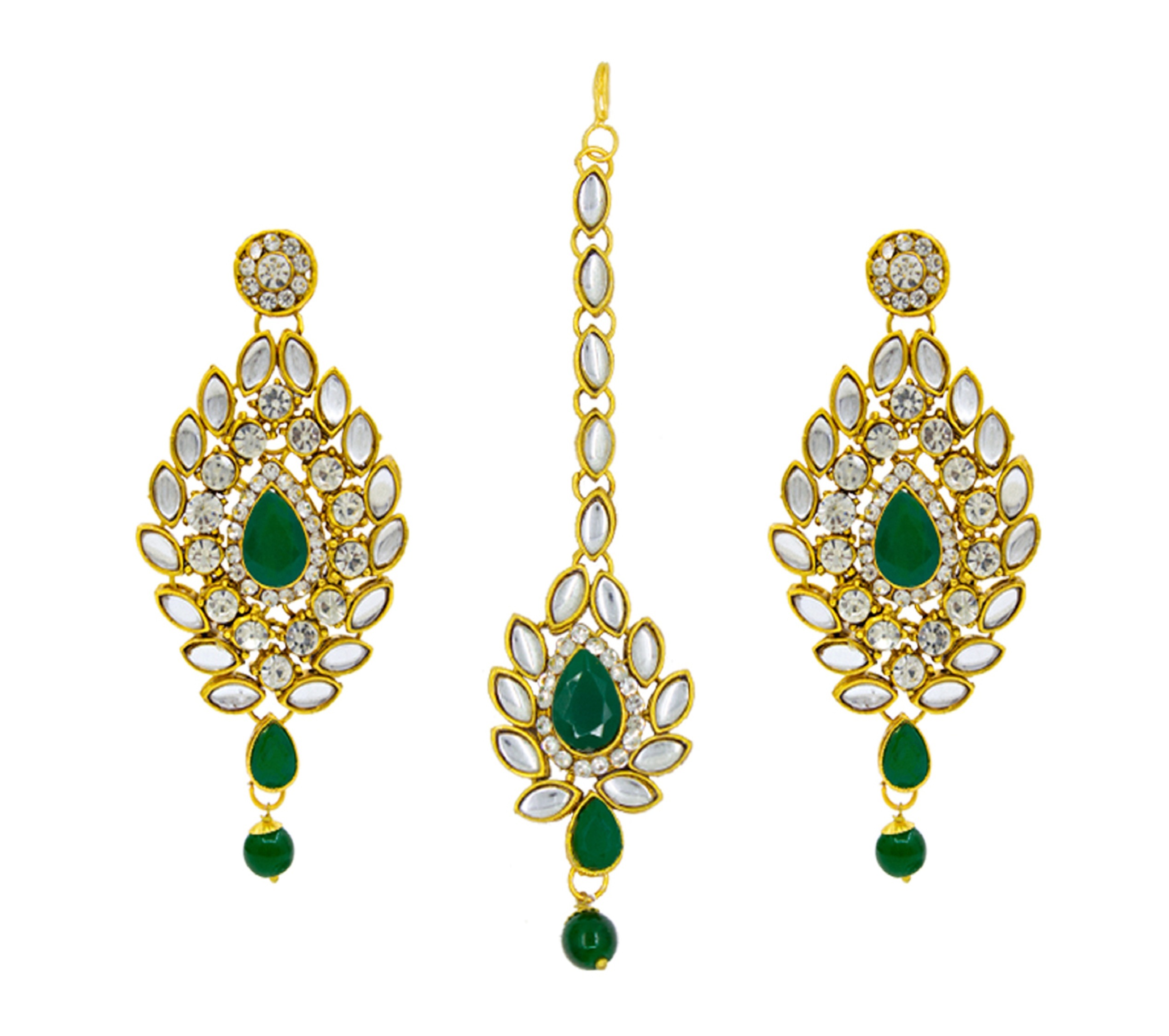 Attractive New Design Gold Plated Necklace Set For Women (Green & White)