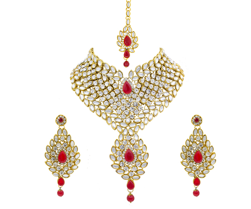Attractive New Design Gold Plated Necklace Set For Women (Red & White)