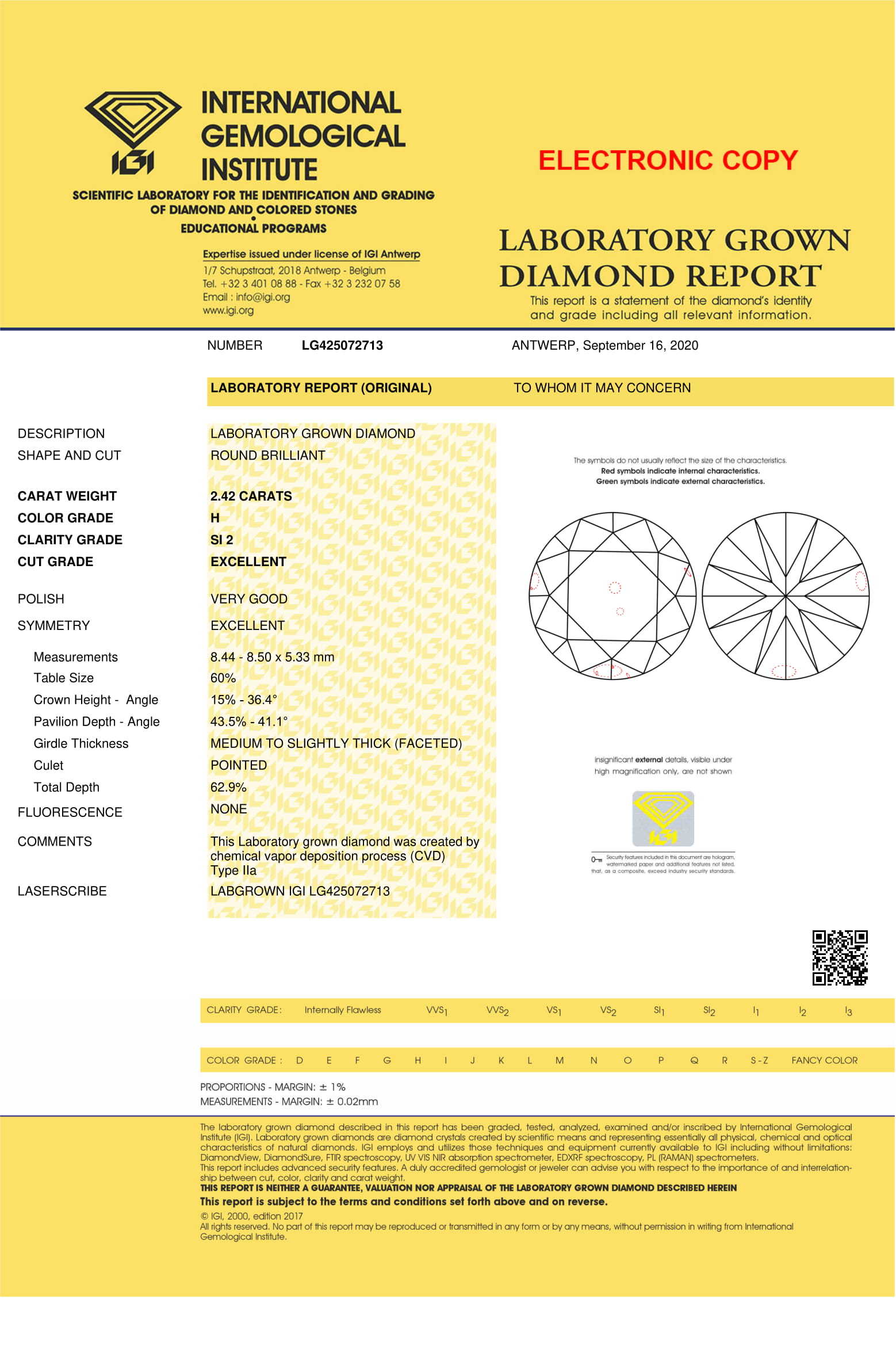 Round Brilliant Cut Lab Grown 2.5ct H SI2 IGI Certified Diamond 425072713