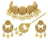 Gold Beaded Kundan Patti Choker Necklace Set