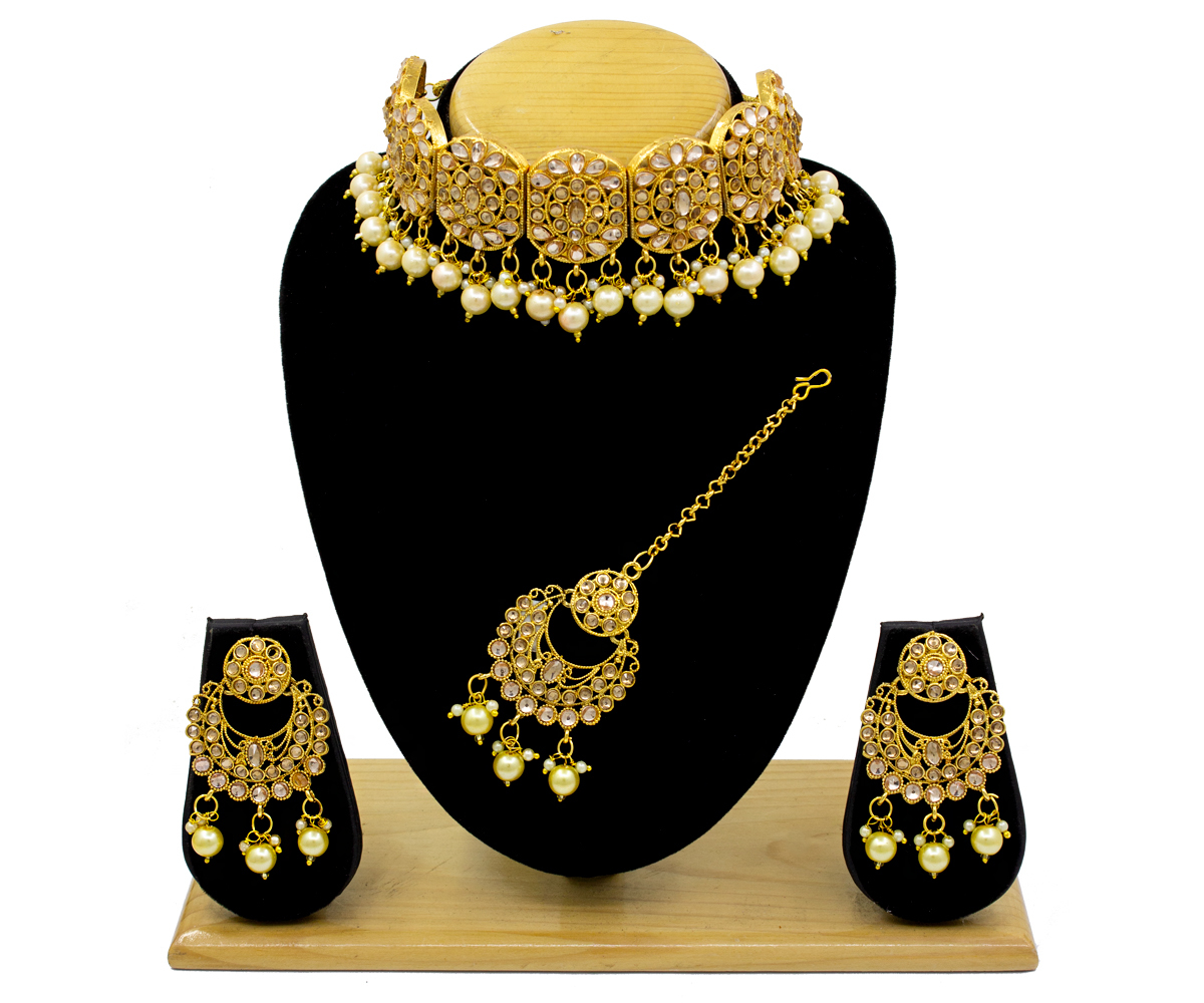 Gold Beaded Kundan Patti Choker Necklace Set