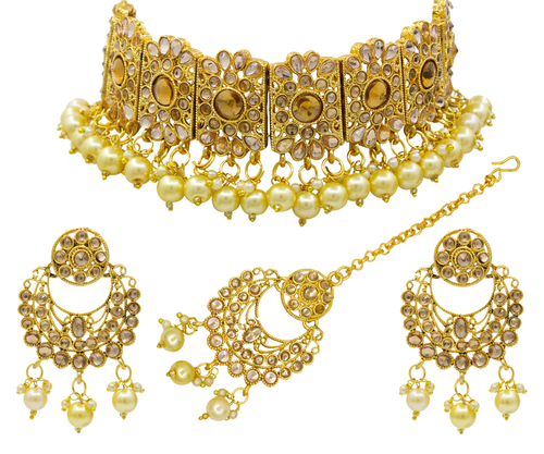 Gold Beaded Kundan Patti Choker Necklace Set