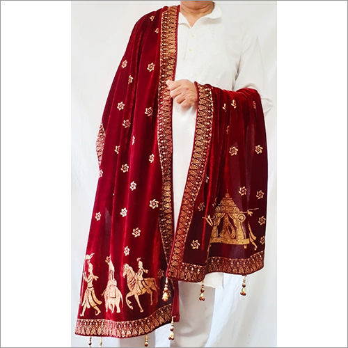 Mens Velvet Gold Print Weding Shawl - Color: Maroon