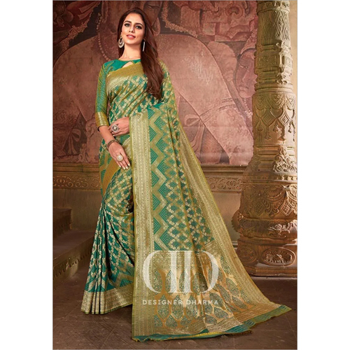 Ladies Green Woven Silk Bandhej Saree