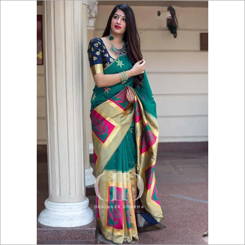 Ladies Rama Designer Soft Banarasi Silk Saree