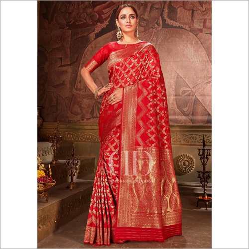 Ladies Red Blend Woven Silk Designer Bandhej Saree