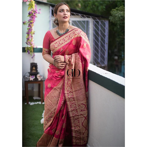 Casual Ladies Banarasi Weaving Silk Shining Saree With Contrast Blouse
