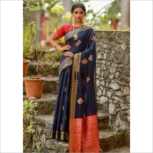 Ladies Navy Blue Designer Handloom Cotton Weaving Saree