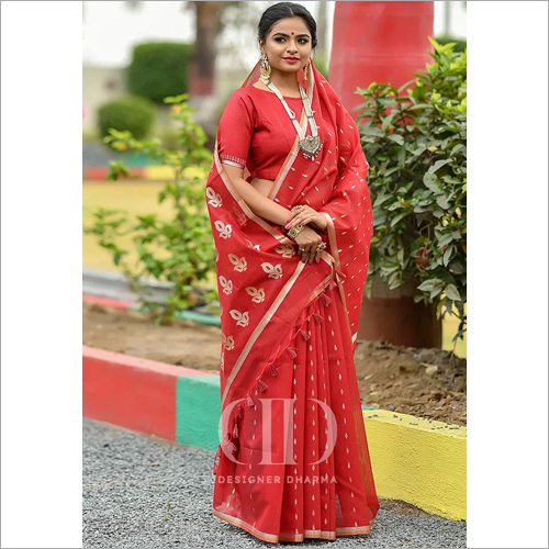 Ladies Red Designer Soft Linen Silk Saree