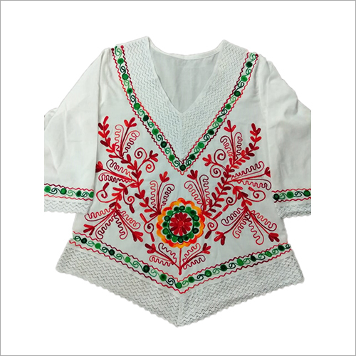 Ladies Colorful White Top - Multicolor Embroidered Design | All-Season Fit for All Sizes