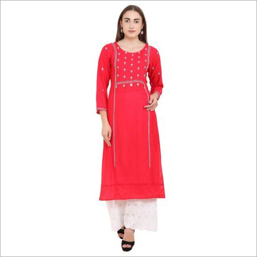 Ladies Red Rayon Kurtis - Rayon, Casual Style, Red Color | Washable, Suitable for All Seasons: Rainy, Spring, Summer, Winter