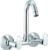 Modern Sink Mixer - Brass, Medium Size, Polished Chrome Finish | Wall-mounted, Dual Lever Handles, Curved Spout, Water-saving Design, 5-year Warranty