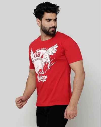 Round Neck T-Shirt - Cotton Blend Slim Fit Half Sleeves Printed Pattern | Sizes S M L XXL Classic Chest Print Design for Men